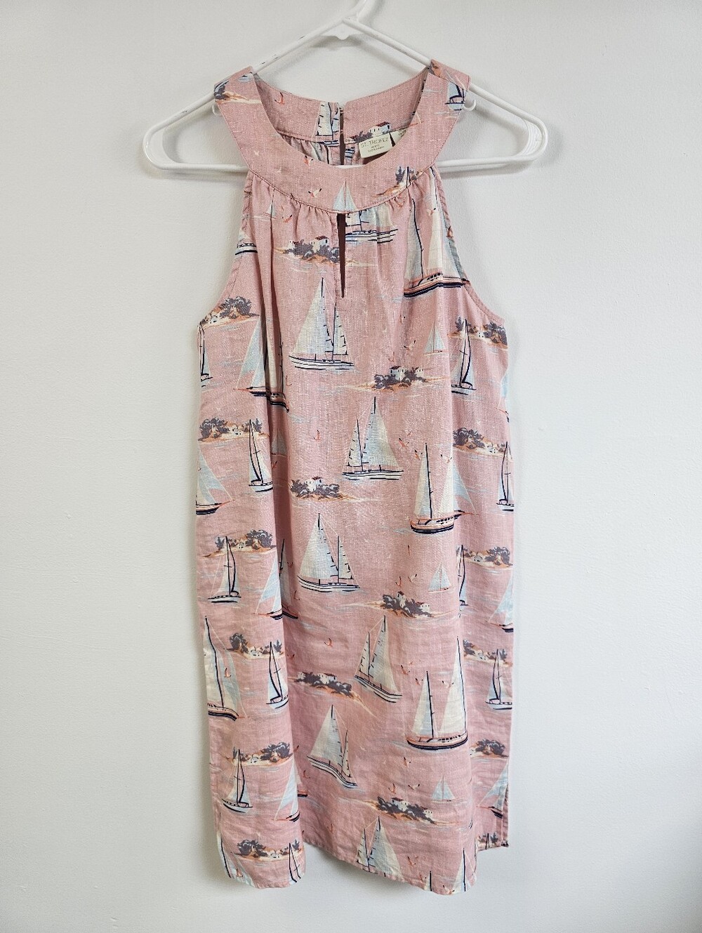 St. Topaz West Linen Ocean Bird Sailboat Novelty Print Mini Shift Dress Keyhole